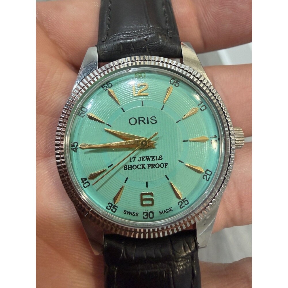 Vintage Oris Case Swiss Manual Wind Watch 17 Jewels Turquoise Dial 35.5mm